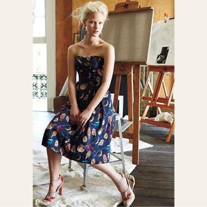 Anthropologie Strapless Dress in Navy with Multicolor Bird Print